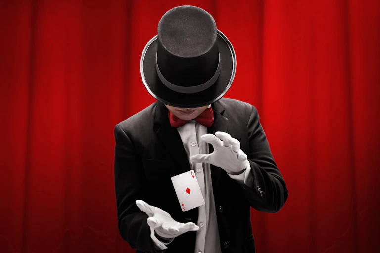 Magician hands showing magic trick.