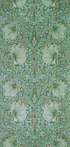 Green wallpaper in a floral design.