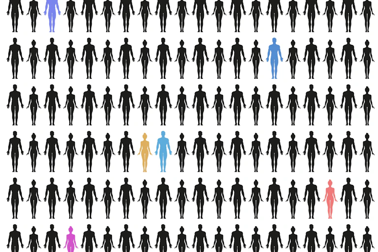 a pictograph of people's silhouettes against a white background, random figures are coloured
