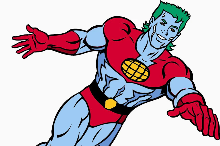 captain planet in blue and red outfit cartoon