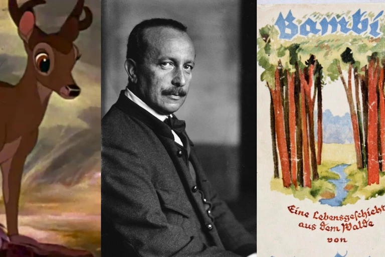 Capture d'écran de Bambi, Panpan and Fleur de la bande annonce cinéma du film Bambi. Portrait de Felix Salten en 1910. Couverture de la première édition de Bambi.