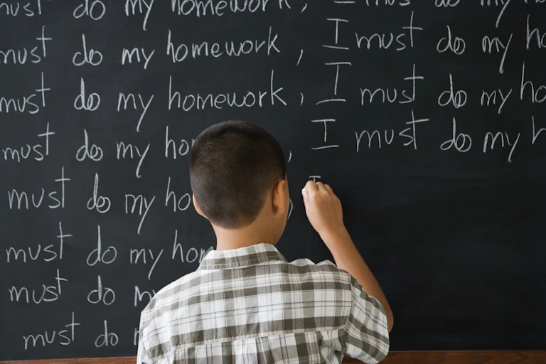 boy holds chalk up to chalkboard with the words i must do my homework written repeatedly