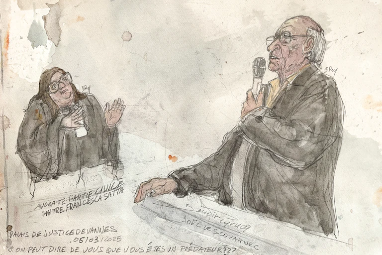 Dessin de presse où l’ex chirurgien Joël Le Scouarnerc répond, lors de son procès, à une question de l’avocate Francesca Satta des victimes.