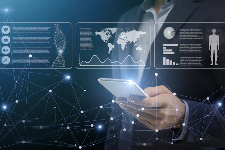 Man holding a phone, transparent screens of information and connected dots