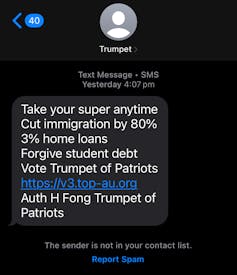 Screenshot of a text message from Trumpet of Patriots.