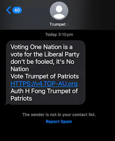 Screenshot of a text message from Trumpet of Patriots.