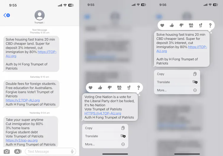 Mobile phone screenshots of unsolicited text messages from Trumpet of Patriots, authorised by candidate Harold (Harry) Fong.