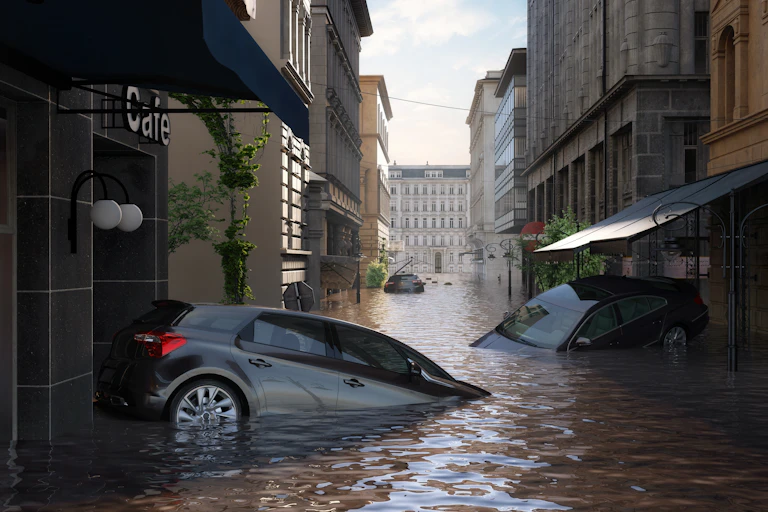 Ville inondée en Europe.