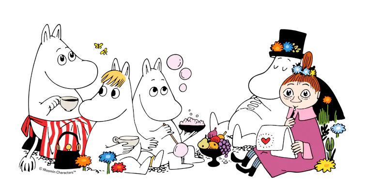 An assortment of strange little Moomin cartoon characters.