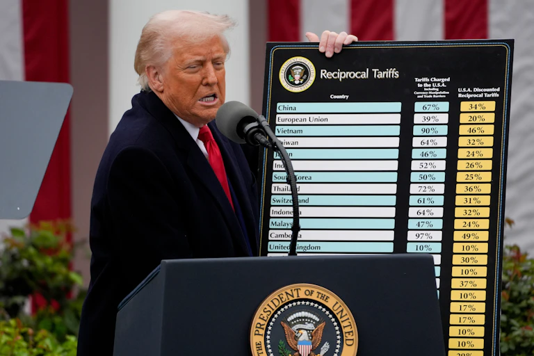 Donald Trump holds up a chart showing a list of countries and the tariffs he intends to impose of their exports to the US.