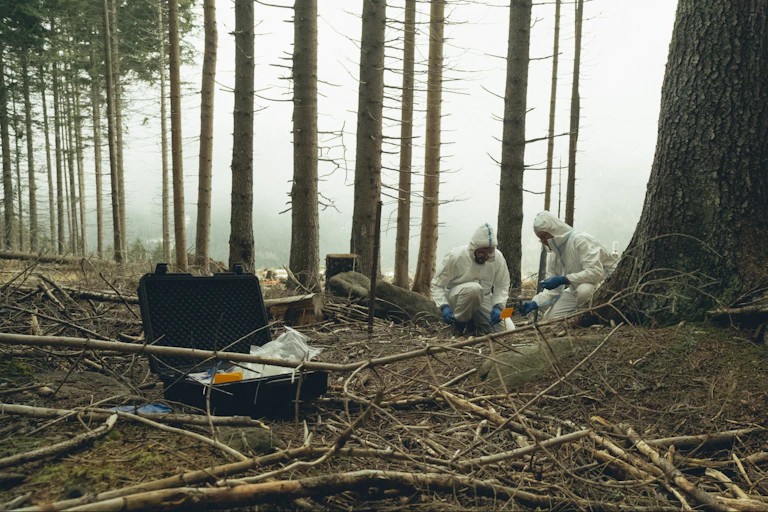 two scientists with trees