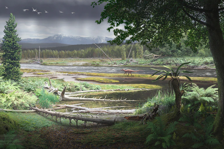 Artwork of a dinosaur roaming through a primeval forest with ferns and conifer trees.