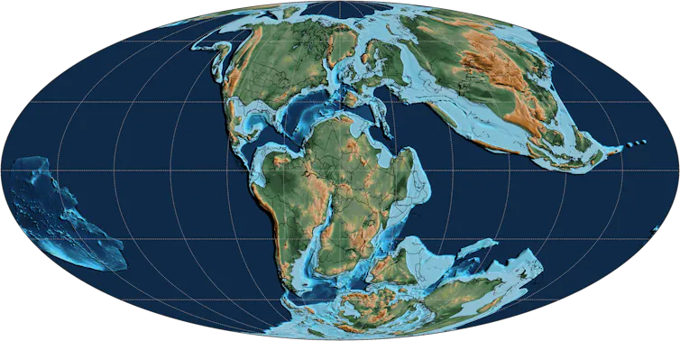 A map of Earth with the continents clustered together.