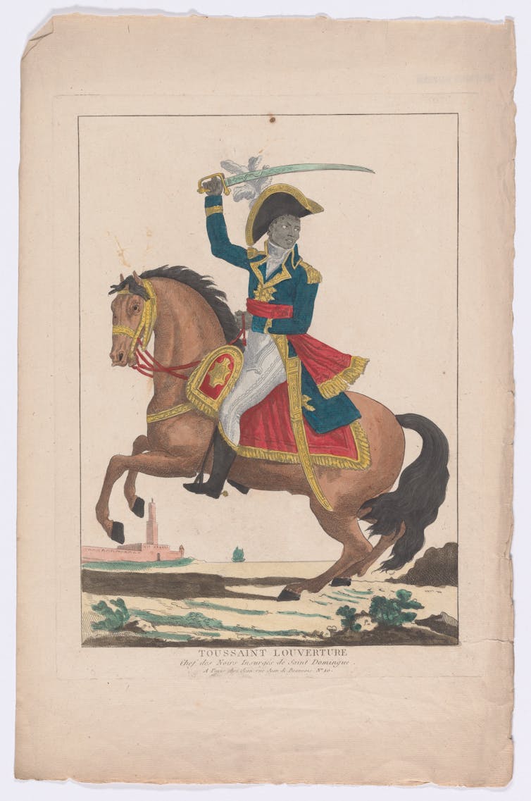 Illustration: a black man in a suit on horseback.