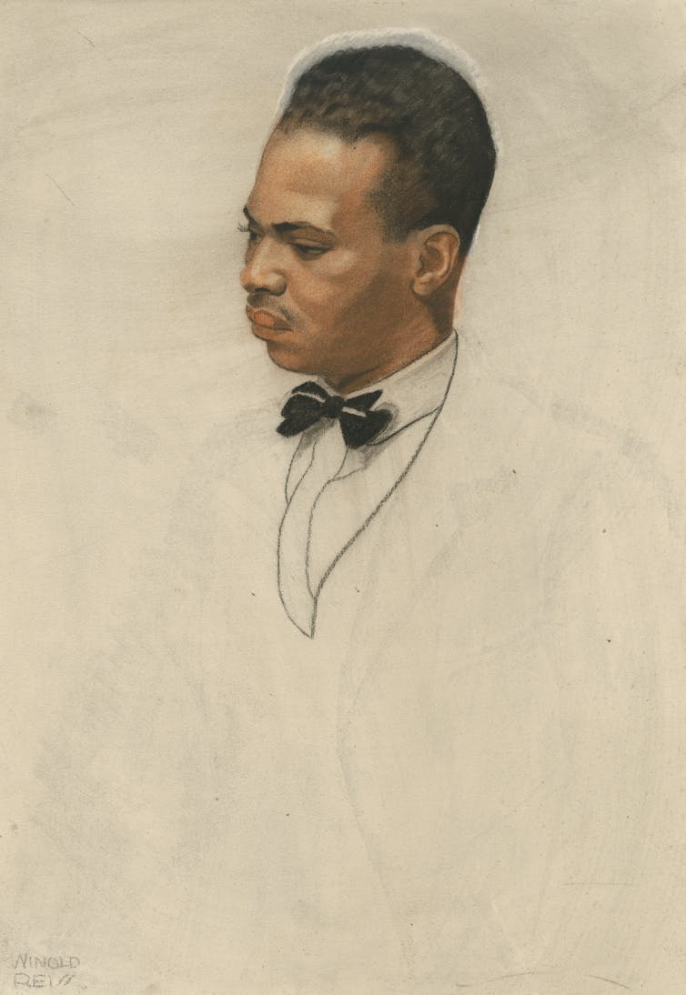 Painting: a black man's face, and the hints of a tuxedo.