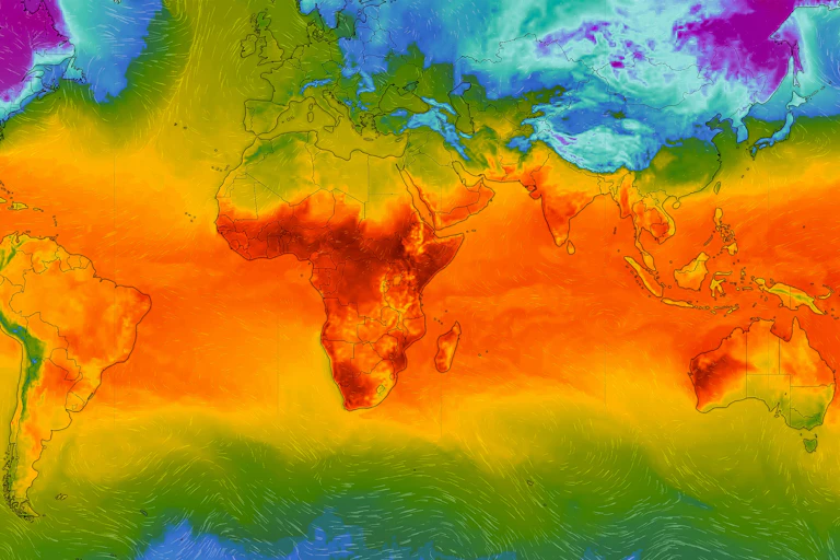 World map showing areas of bright orange and red mostly in Africa, Australia and South America