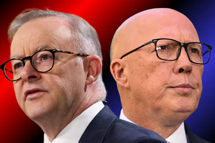 Head shots of Anthony Albanese and Peter Dutton, both in jacket and tie and wearing glasses