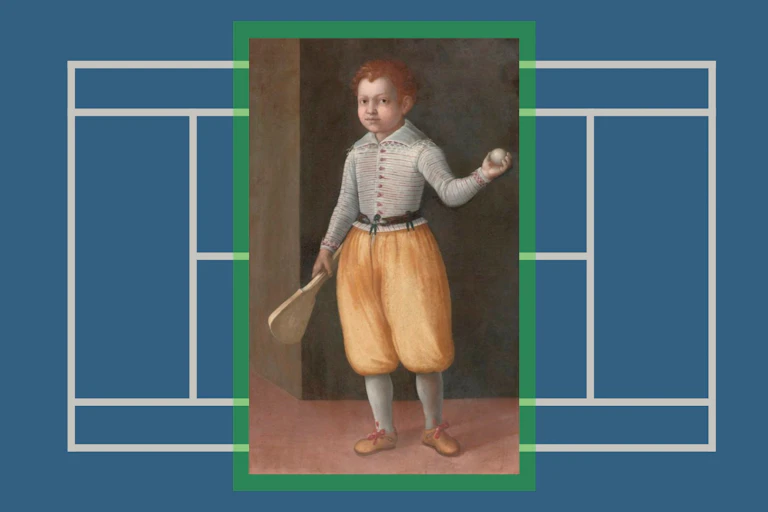 Painting of a young boy holding a bat and ball