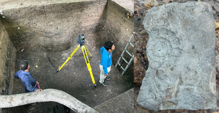 Niveaux de travail de la fonderie royale d’Angkor en cours de relevé, campagne de fouille 2024 ; fragment de moule en grès pour appliqués de cire.