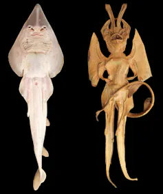 A view from above of a flat ray-like fish and a dried specimen that has been carved into a devil-like figure.