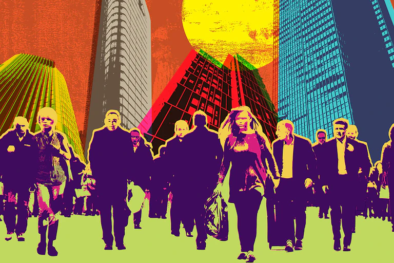 Ilustración que muestra a personas caminando con edificios de fondo