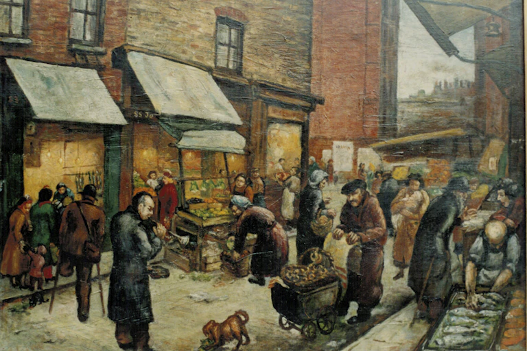 Painting of people milling about a market in London's east end
