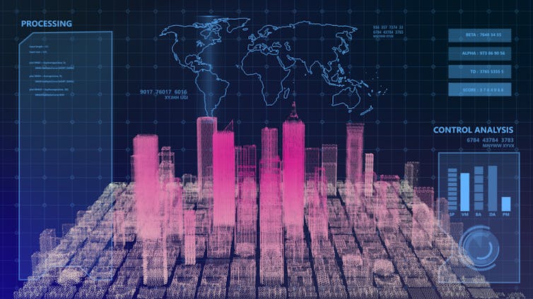 Artist concept of a futuristic city display with various stats overlaid.