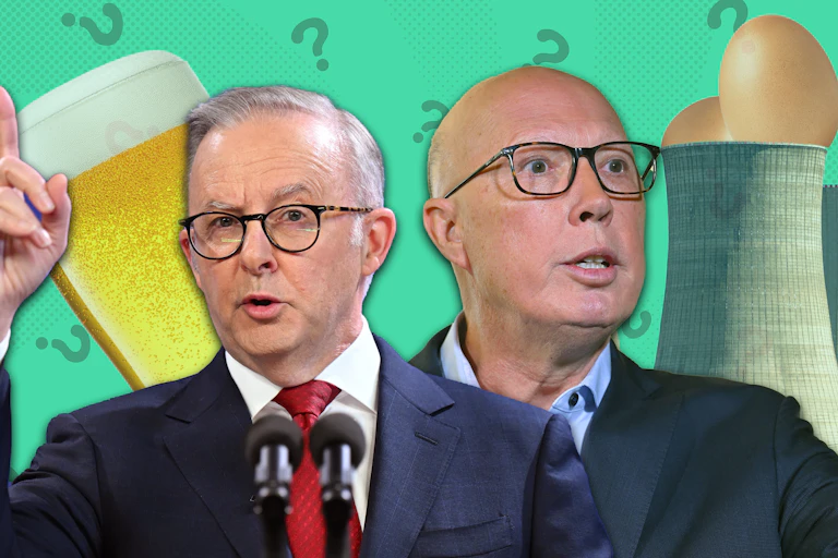 A composite image of Peter Dutton and Anthony Albanese with eggs, beer and nuclear reactor cooling towers in the background