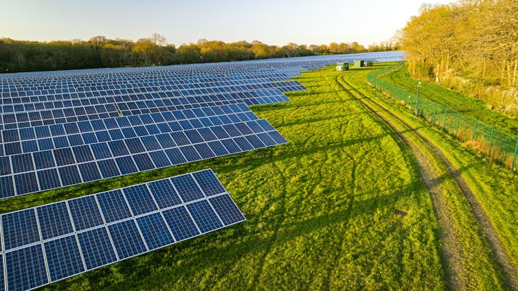 A solar farm at sunset.