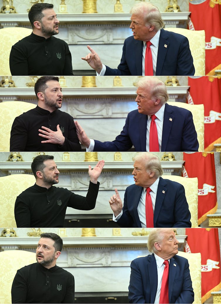 A series of five photos showing two men arguing with each other.