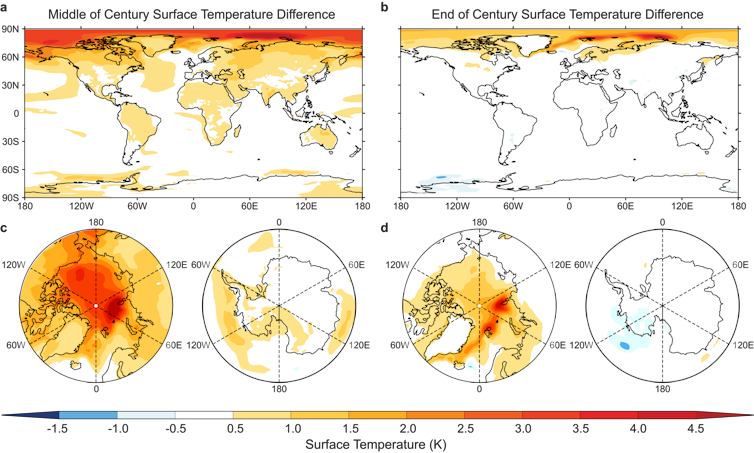 Comparative maps of global temperature increases in the middle of the century caused by overshooting 1.5°C, when compared to a pathway in which the global temperature does not exceed 1.5°C.
