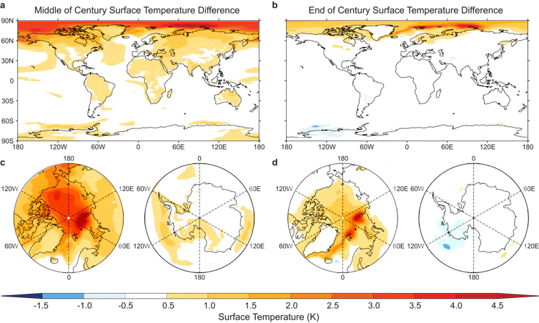 Comparative maps of global temperature increases in the middle of the century caused by overshooting 1.5°C, when compared to a pathway in which the global temperature does not exceed 1.5°C.