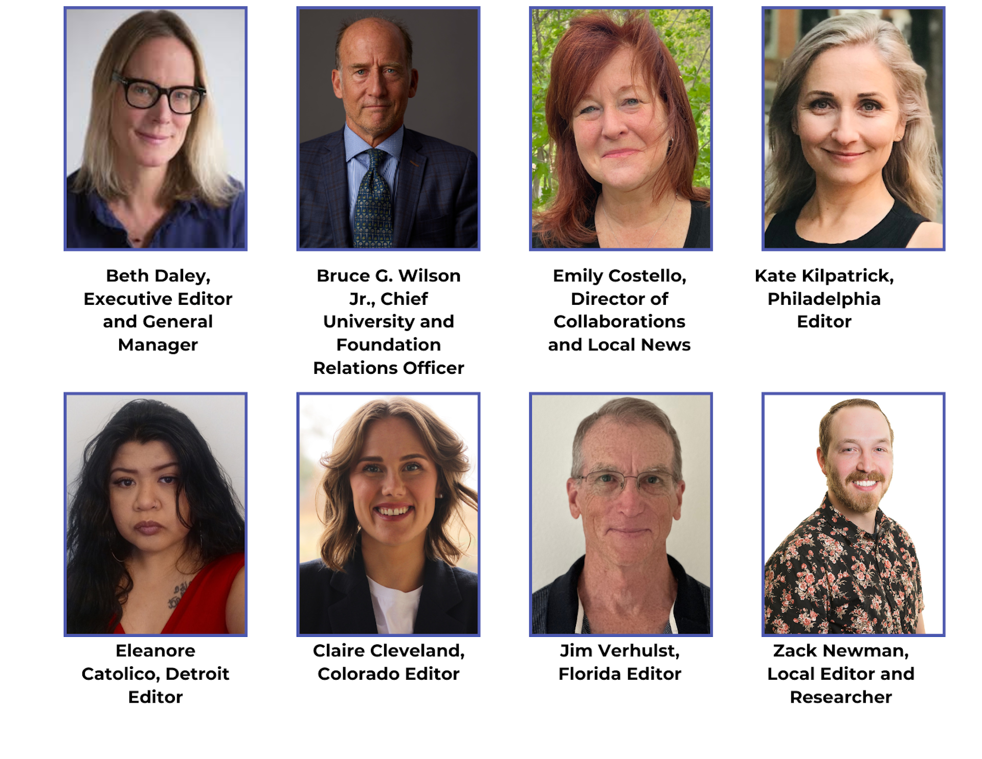 Headshots for Beth Daley, Bruce G. Wilson Jr, Emily Costello, Kate Kilpatrick, Eleanore Catolico, Claire Cleveland, Jim Verhulst and Zack Newman