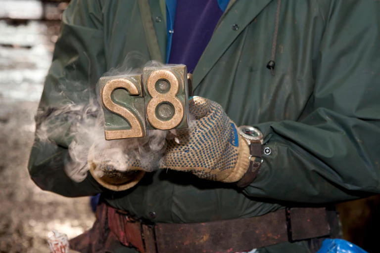 A farmer holding a freeze branding iron.