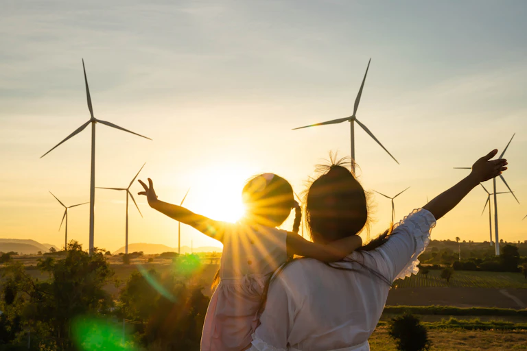 woman and child looking at wind turbines at sunset