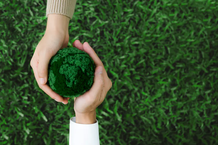 two hands holding green planet earth, grassy background