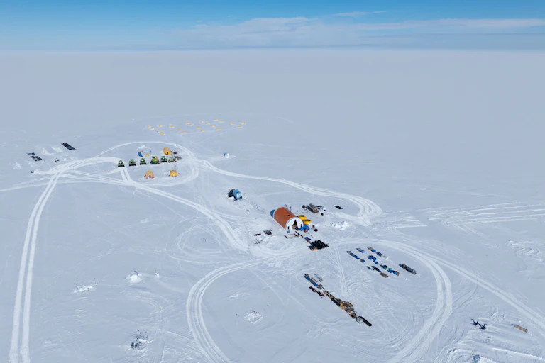 drone shot of drilling project in Antarctica on ice