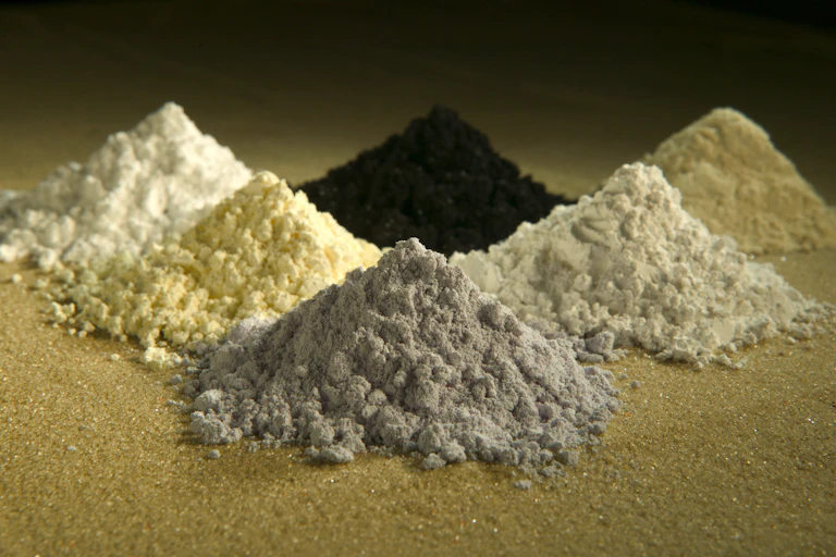 Six small piles of minerals.