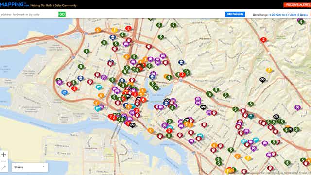 A city map overlaid with multicolored icons