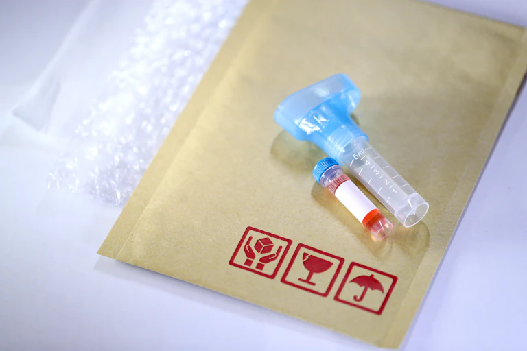 A saliva sample kit with a manila envelope for posting.