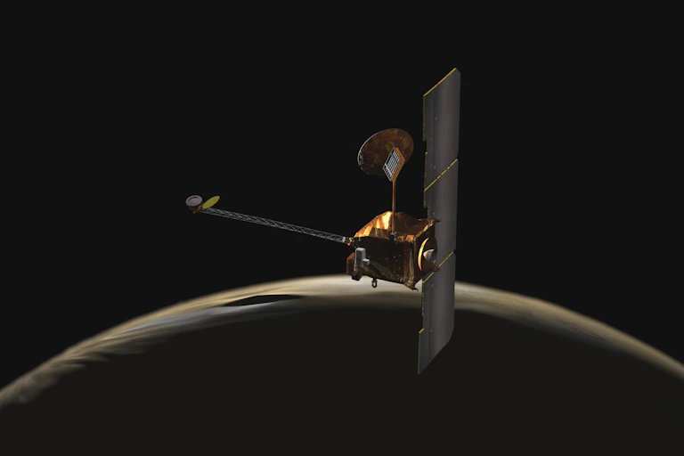 An illustration of a spacecraft with solar panels on one side and a long arm on the other, orbiting a planet.