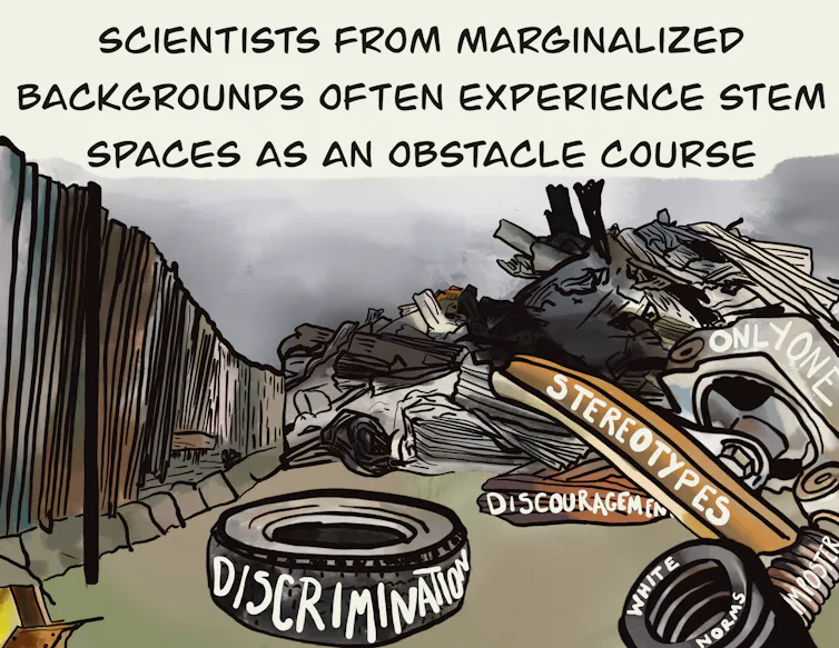 Illustration of garbage dump site with 'discrimination' and 'stereotypes' written on tires and other objects. The caption reads 'Scientists from marginalized backgrounds often experience STEM spaces as an obstacle course'