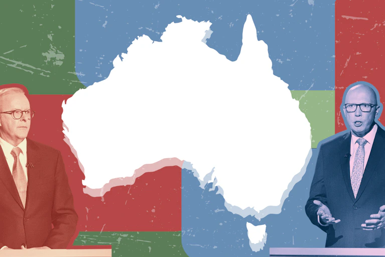 A mpa of Australia on a red, blue and green background