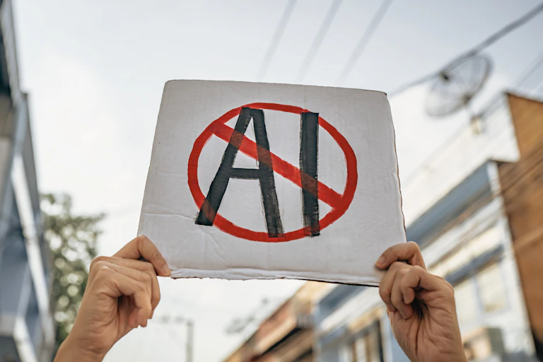 A person holding up a placard with "AI" crossed out.