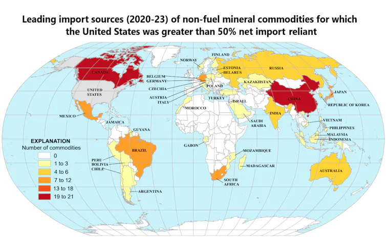 Map shows Canada and China are the largest sources of imports of critical materials.