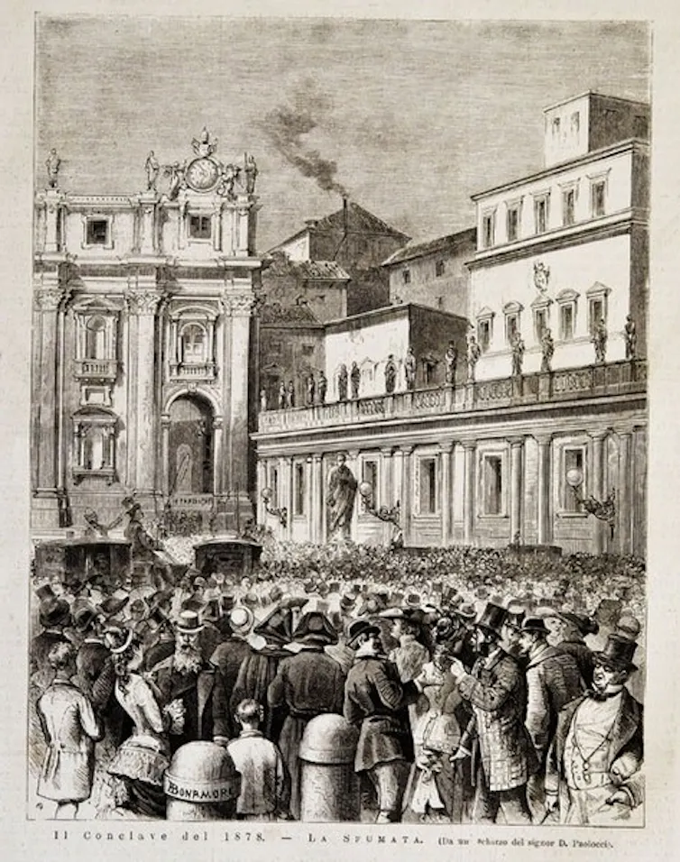 Etching: a crowd gathers in a plaza to watch the smoke.