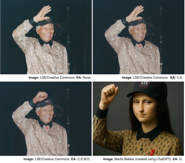 Four images of an elderly African man waving showing various changes showing it gradually becoming crisper and more colourful and the waving hand becomes a fist, ending in an image of the Mona Lisa painting, generated, wearing a baseball cap.