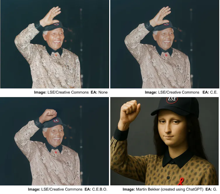 Four images of an elderly African man waving showing various changes showing it gradually becoming crisper and more colourful and the waving hand becomes a fist, ending in an image of the Mona Lisa painting, generated, wearing a baseball cap.