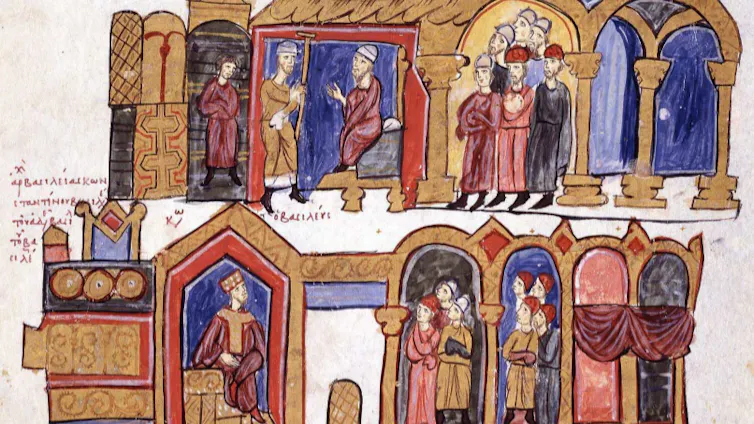 Ilustración del nombramiento de Alexios Stoudites como patriarca de Constantinopla (arriba) por el emperador Constantino VIII (abajo).