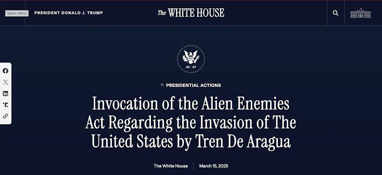 A screenshot of the top of a presidential declaration headlined 'Invocation of the Alien Enemies Act Regarding the Invasion of The United States by Tren De Aragua.'